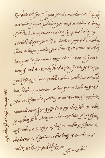 Facsimile van een brief gedateerd 10 augustus 1623 van James I aan Prins Charles, gedrukt door Manzi Joyant & Co. Parijs, 1904 door King James I